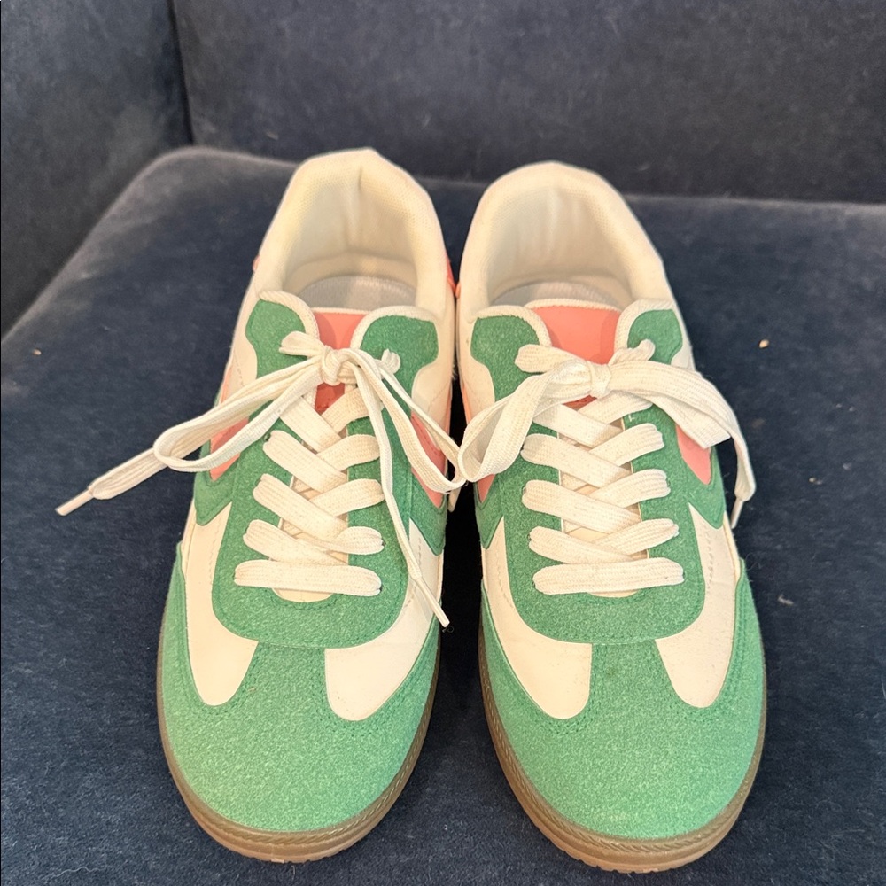 Women's Green and White Casual Lace-Up Sneakers with Pink Accent